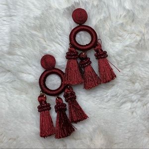 Wine beaded and tassel dangle earrings